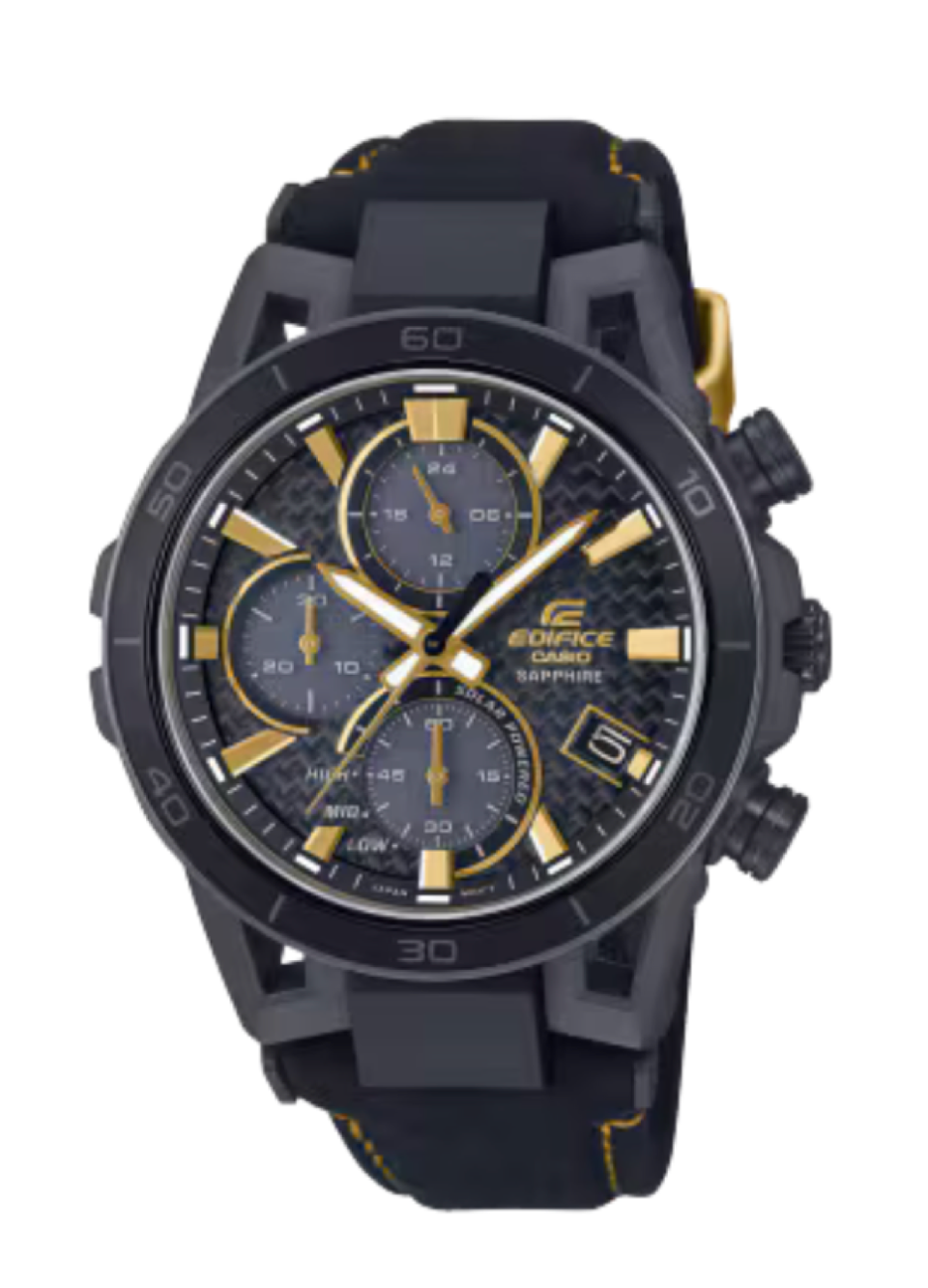 Casio EDIFICE Timepiece Craftsmanship Chronograph Solar Black and Gold 44.5 MM Alcantara Band Watch EFS-S640ZE-1ADR