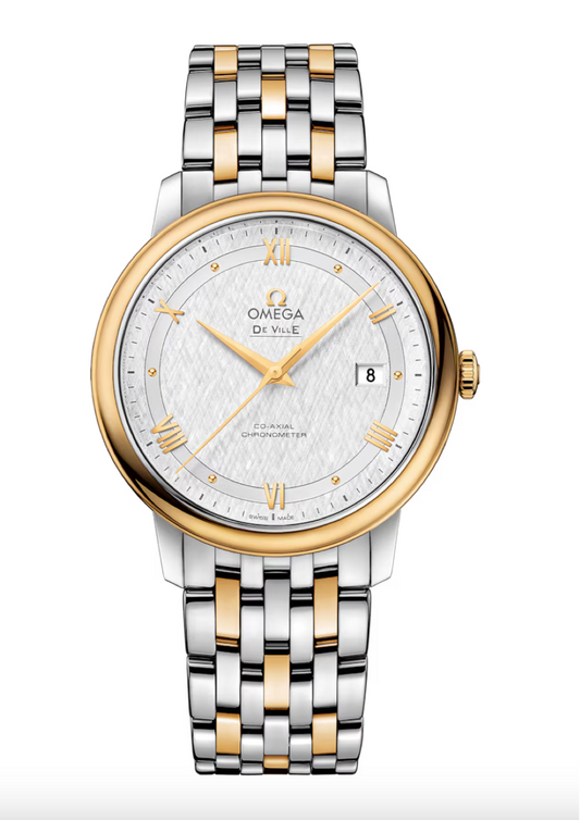 Omega De Ville Prestige 39.5 MM Yellow Gold On Steel Silver Dial Watch 424.20.40.20.02.001