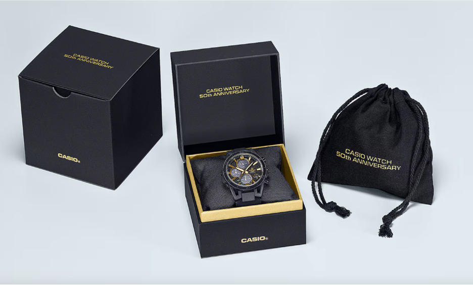 Casio EDIFICE Timepiece Craftsmanship Chronograph Solar Black and Gold 44.5 MM Alcantara Band Watch EFS-S640ZE-1ADR